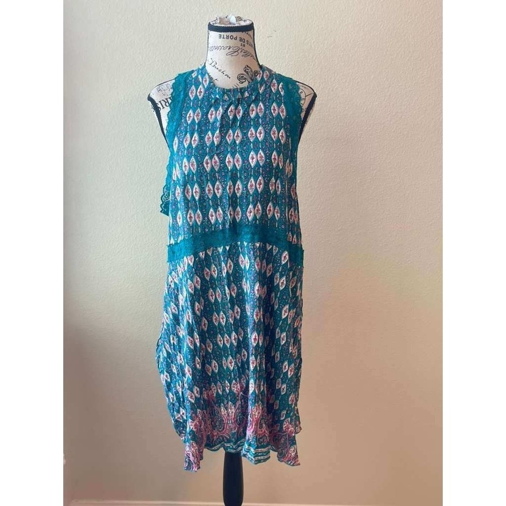 Wonderly Women XL Teal Boho Lace Trim Sleeveless Geometric Paisley Mini Dress